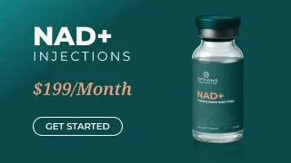 A teal ad for NAD+ injections shows a vial labeled “NAD+” next to text: “NAD+ Injections $199/Month.” A white “Get Started” button appears at the bottom left.