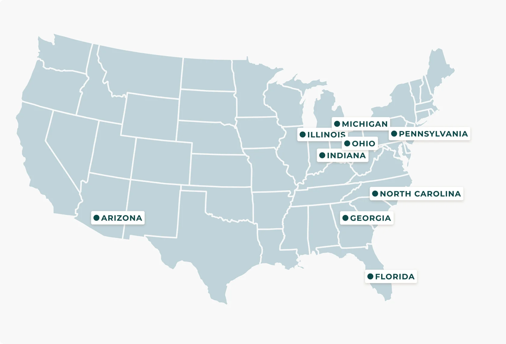 Map of the United States labeled with states that have Options Medical locations.