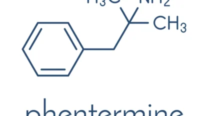 Structural formula diagram of the chemical compound phentermine, showing its molecular arrangement with the name "phentermine" written below.