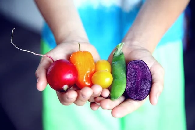 A person holds various colorful vegetables in their hands, including a radish, orange tomato, yellow tomato, snap pea, and a piece of purple potato.