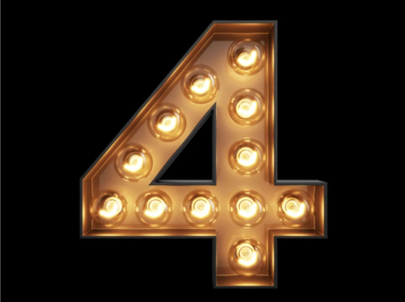 A metallic number four outlined with illuminated light bulbs, set against a solid black background.