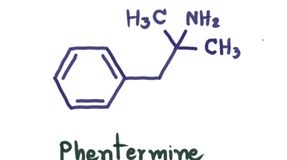 Hand-drawn structural formula of phentermine, showing a benzene ring attached to an ethyl chain with two methyl groups and an amine group, labeled "Phentermine" below.
