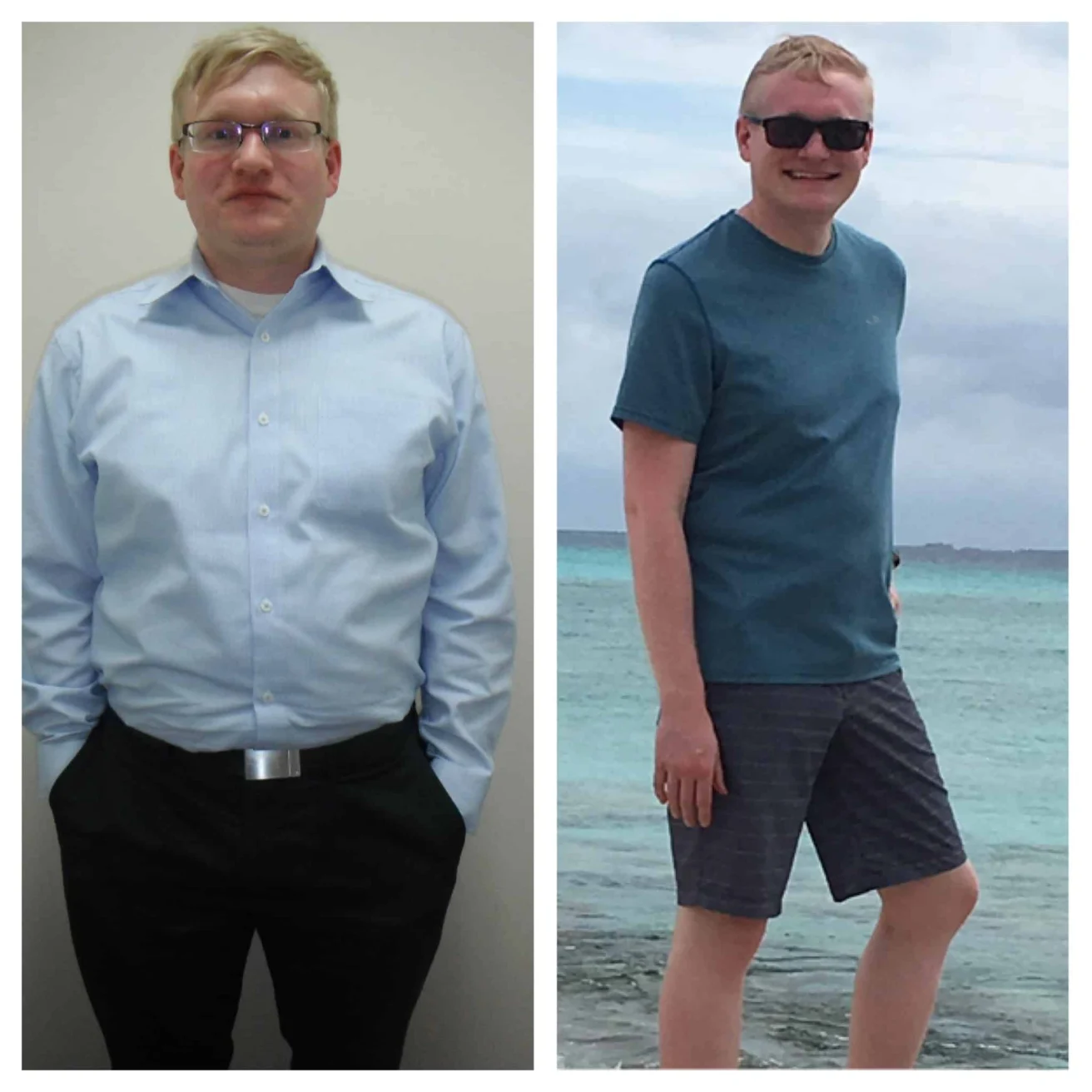 Side-by-side comparison of a man indoors in formal attire on the left and outdoors at the beach in casual clothes on the right.
