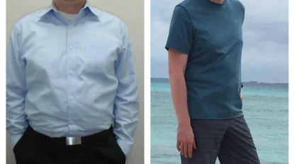 Side-by-side comparison of a man indoors in formal attire on the left and outdoors at the beach in casual clothes on the right.