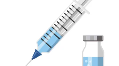 Illustration of a medical syringe filled with blue liquid next to a vial containing a similar blue solution, both on a white background.