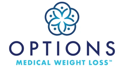 Logo for Options Medical Weight Loss showing a blue abstract floral design above the company name in bold navy and light blue text on a white background.