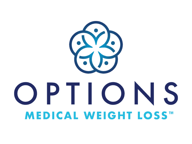 Logo for Options Medical Weight Loss showing a blue abstract floral design above the company name in bold navy and light blue text on a white background.