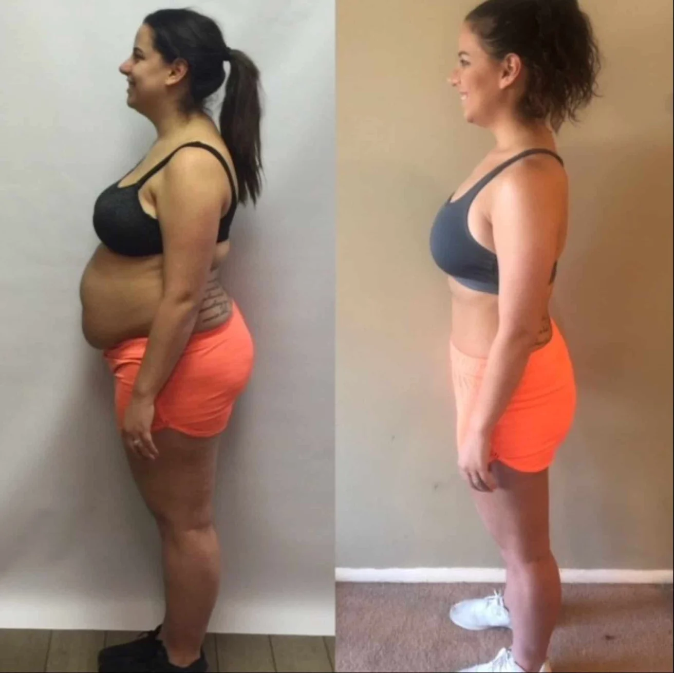 Side-by-side comparison of a woman before and after weight loss, wearing the same workout outfit, standing in profile.