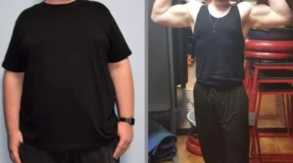 Side-by-side comparison of a man before and after weight loss; left shows him heavier, right shows him leaner and flexing his muscles in a gym.