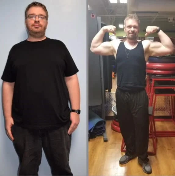 Side-by-side comparison of a man before and after weight loss; left shows him heavier, right shows him leaner and flexing his muscles in a gym.