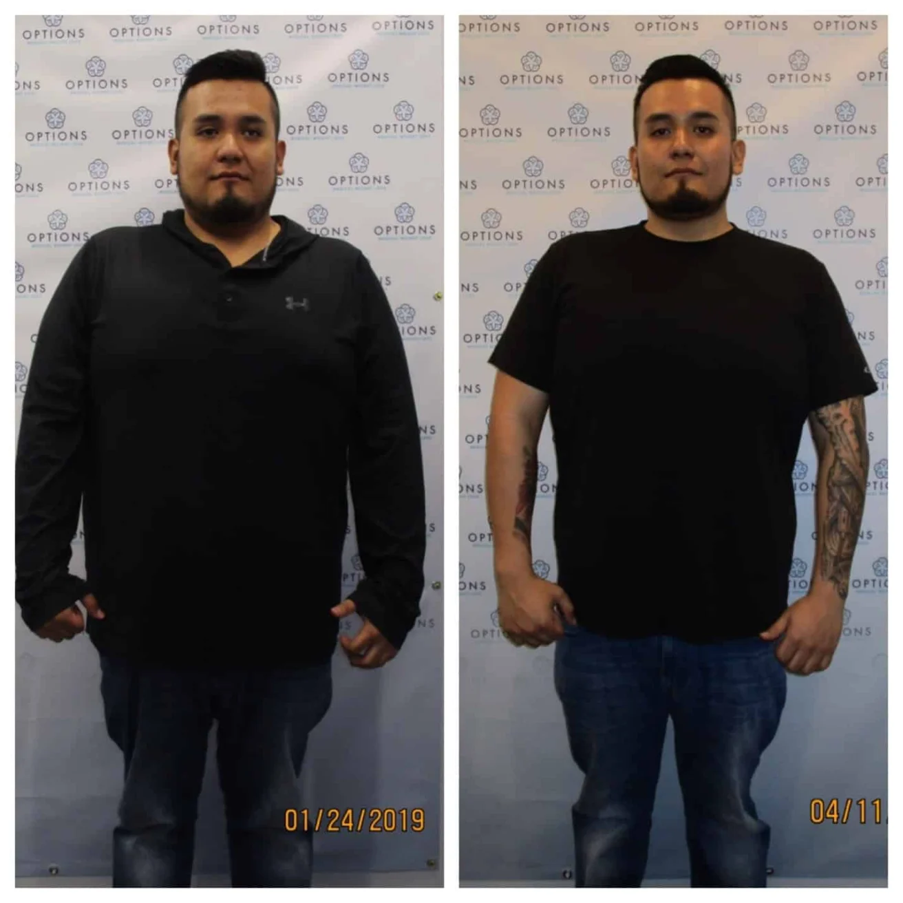 Side-by-side photos of a man standing in front of a backdrop, showing a visible weight loss transformation between 01/24/2019 and 04/11/2019.