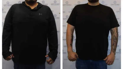 Side-by-side photos of a man standing in front of a backdrop, showing a visible weight loss transformation between 01/24/2019 and 04/11/2019.