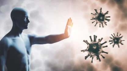 A digital illustration of a human figure holding up a hand, appearing to block or stop several large virus-like particles floating in the air. The background is blurred with light and dark tones.
