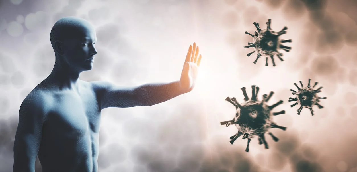 A digital illustration of a human figure holding up a hand, appearing to block or stop several large virus-like particles floating in the air. The background is blurred with light and dark tones.