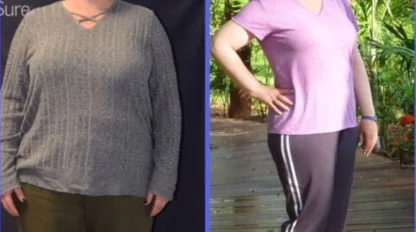 Side-by-side comparison of a woman before and after weight loss; left shows her in a gray top and pants, right shows her slimmer in a pink shirt and shorts outdoors.