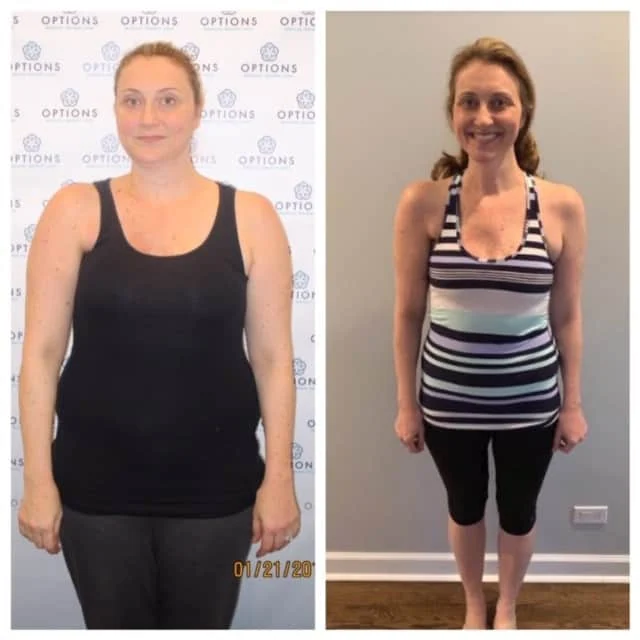 Woman standing for before-and-after photos; left image shows her in a black tank top, right image shows her in a striped top with a slimmer appearance.
