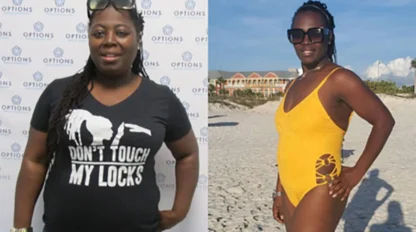 A woman stands indoors wearing a black Dont Touch My Locks t-shirt in a before photo, and outdoors on a beach in a yellow swimsuit in an after photo, showing a noticeable weight loss transformation.