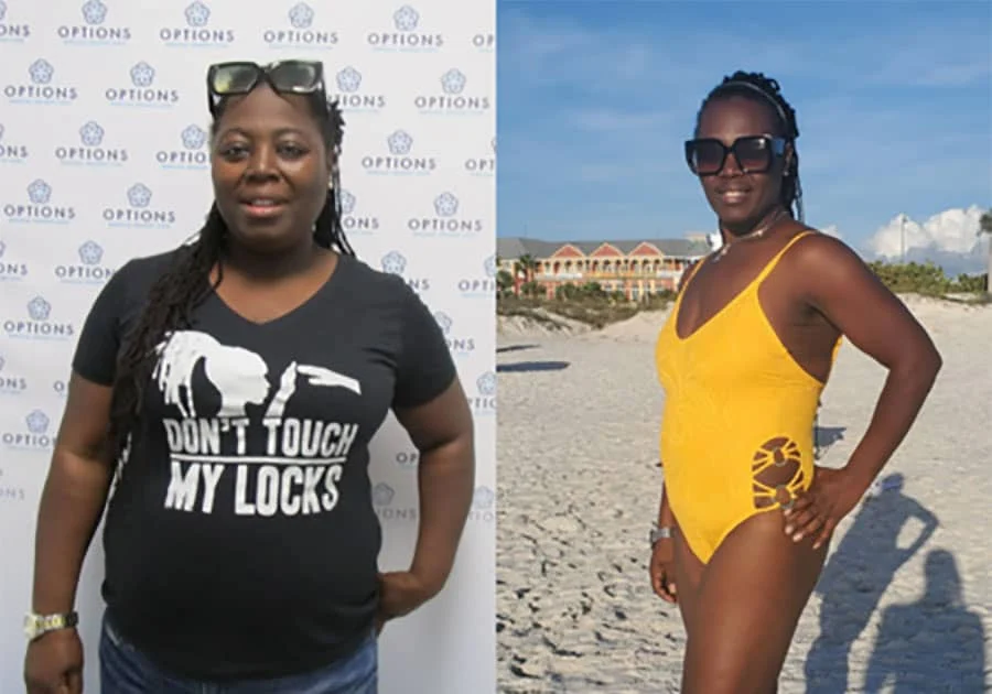 A woman stands indoors wearing a black Dont Touch My Locks t-shirt in a before photo, and outdoors on a beach in a yellow swimsuit in an after photo, showing a noticeable weight loss transformation.