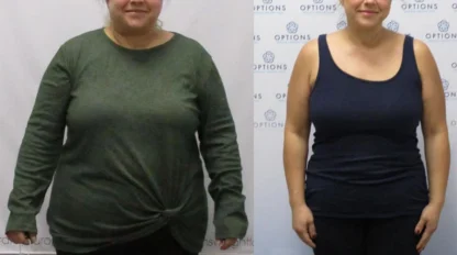 Side-by-side photos of a woman showing a weight loss transformation. In the left image, she wears a green long-sleeve shirt and dark pants. In the right image, she wears a black tank top and appears slimmer.