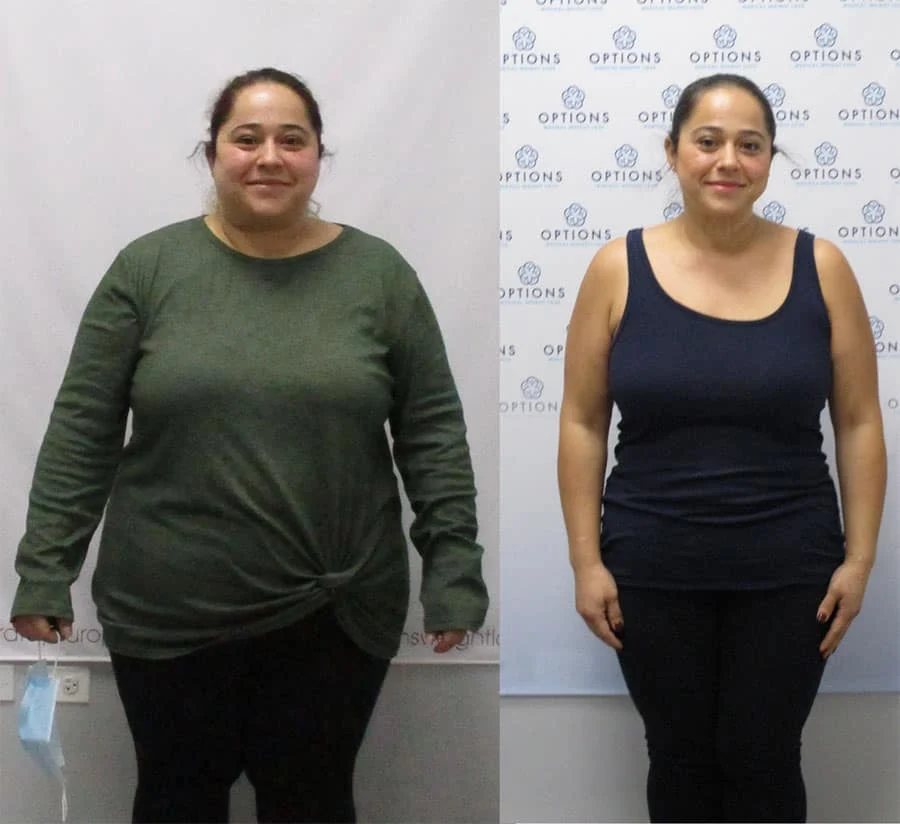 Side-by-side photos of a woman showing a weight loss transformation. In the left image, she wears a green long-sleeve shirt and dark pants. In the right image, she wears a black tank top and appears slimmer.