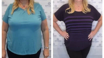 A woman stands in front of a branded backdrop, shown in two side-by-side photos. In the first, she wears a blue shirt; in the second, she wears a striped shirt and appears slimmer.
