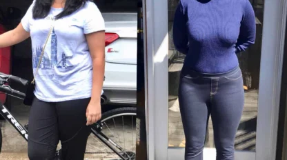 Side-by-side photos showing a woman before and after 4 months of weight loss, with weight changing from 174 lbs (79 kg) to 136 lbs (62 kg), a difference of 38 lbs.