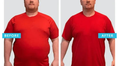 Side-by-side photos of a man in a red shirt labeled “before” and “after.” In the second photo, he appears slimmer and his shirt fits more loosely, suggesting weight loss or a fitness transformation.