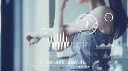 A woman in athletic wear stretches her arm, with futuristic digital health and fitness data graphics overlaid, including charts, graphs, and biometric icons.