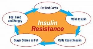 Flowchart illustrating the cycle of insulin resistance: eating bad carbs, making insulin, cells resisting insulin, sugar storing as fat, feeling tired and hungry, leading back to eating bad carbs.