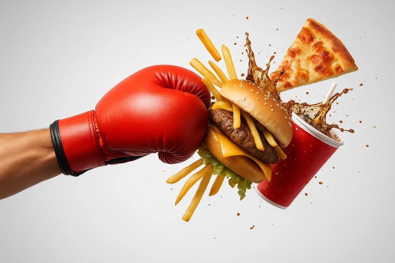 A hand wearing a red boxing glove punches a cheeseburger, fries, a pizza slice, and a soda, causing food and drink to fly in the air against a plain background.