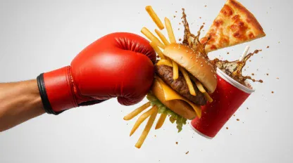 A hand wearing a red boxing glove punches a cheeseburger, fries, a pizza slice, and a soda, causing food and drink to fly in the air against a plain background.