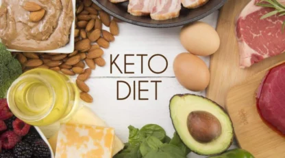 Assorted keto-friendly foods including meat, eggs, avocado, cheese, spinach, almonds, nut butter, oil, and berries, arranged around the words "Keto Diet" on a white surface.