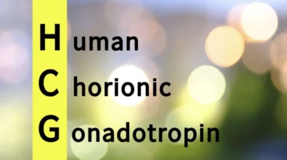 Text explains the abbreviation HCG as Human Chorionic Gonadotropin, with a blurred background featuring circular light spots.