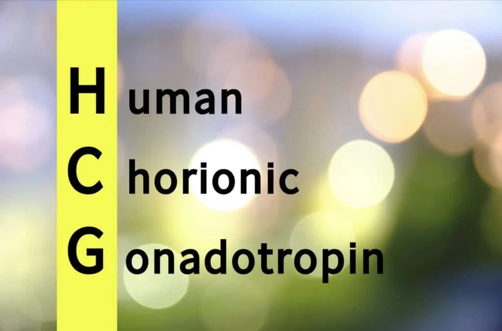 Text explains the abbreviation HCG as Human Chorionic Gonadotropin, with a blurred background featuring circular light spots.