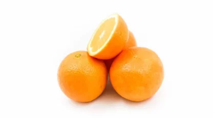 Four oranges are stacked on a white background, with one orange cut in half and placed on top, showing the inside.