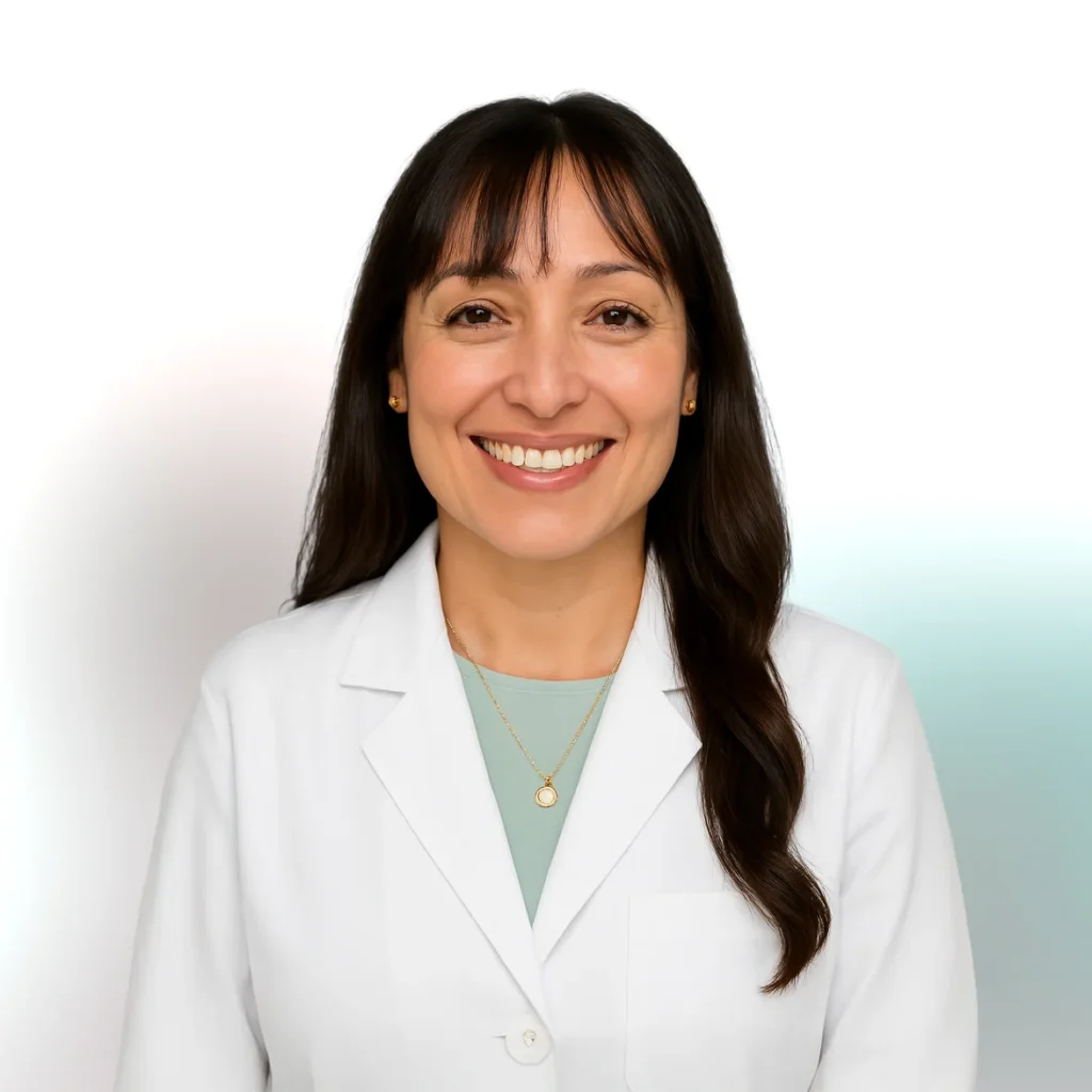 A woman in a white lab coat smiles at the camera against a plain background.