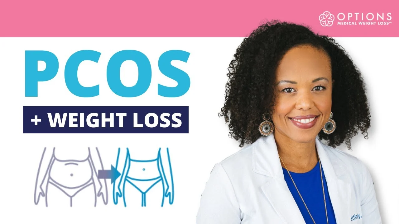 A woman in a white coat stands next to text reading “PCOS + Weight Loss” with illustrated before-and-after images of a waist and the Options Medical Weight Loss logo.