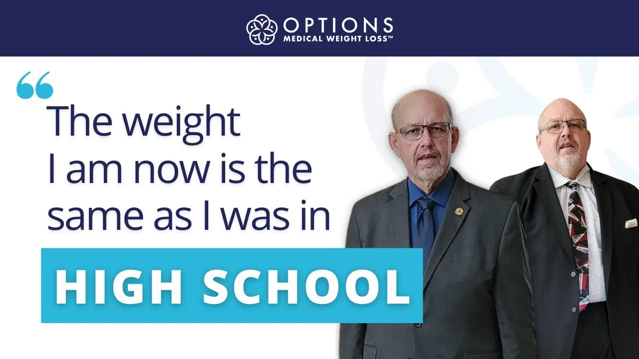 Two older men in suits stand next to a quote about weight loss, with the Options Medical Weight Loss logo above them. The quote highlights returning to high school weight.