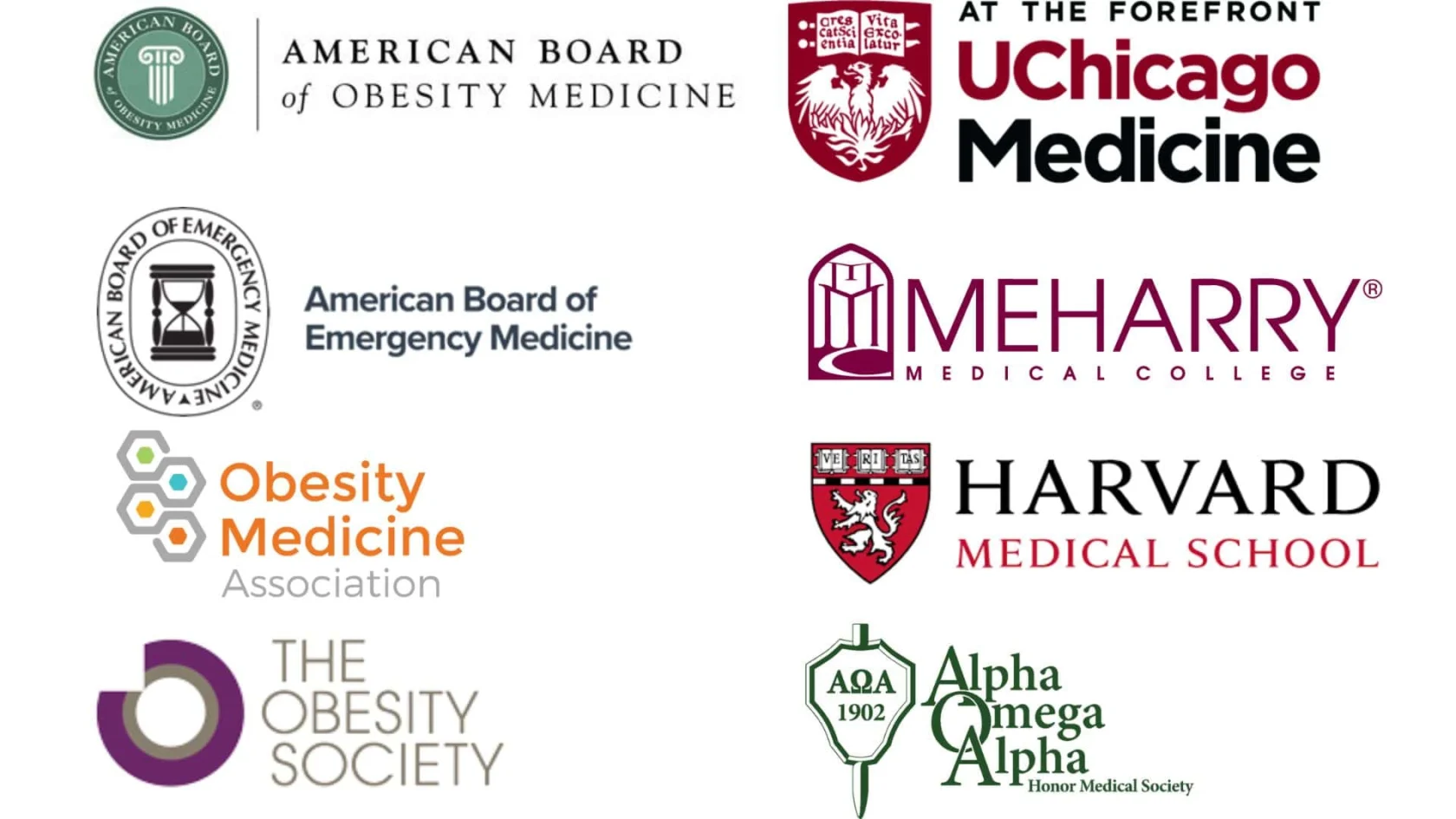 A collage of logos from medical organizations and schools, including UChicago Medicine, Harvard Medical School, and the American Board of Obesity Medicine.