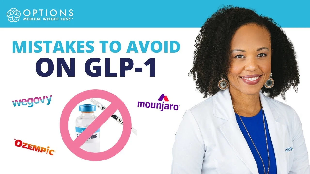 A woman in a white coat stands beside text reading "Mistakes to Avoid on GLP-1," with images of medication brands Wegovy, Ozempic, and Mounjaro, and a crossed-out medication vial.