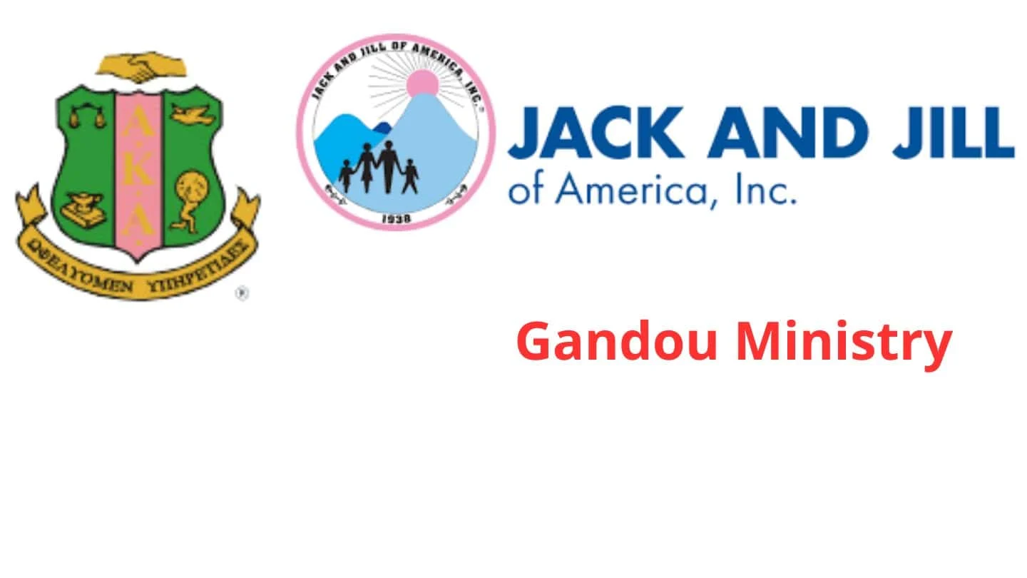 Logos of Alpha Kappa Alpha Sorority, Jack and Jill of America, and the text "Gandou Ministry" are displayed on a white background.