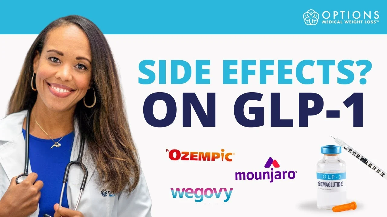 A female doctor stands beside text reading "Side Effects? On GLP-1" with logos for Ozempic, Mounjaro, Wegovy, and an image of a GLP-1 semaglutide vial and syringe.
