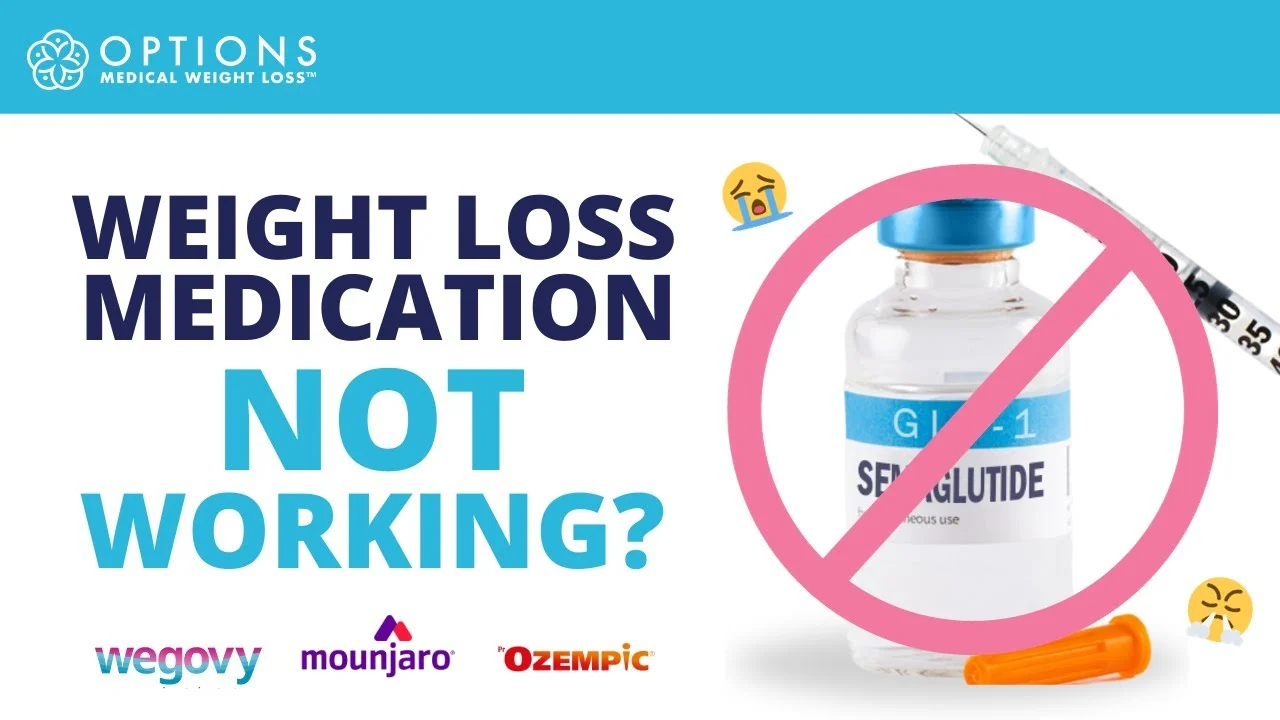 A graphic asks if weight loss medication is not working, shows a crossed-out semaglutide vial, a syringe, medication logos, and emoticons.