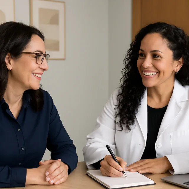 Two women in white coats sitting at a table with a laptop.