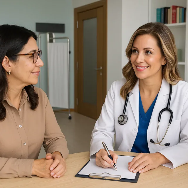 A woman and a doctor talking in front of a computer.