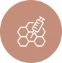 White outline of a syringe injecting into hexagonal shapes on a brown circular background.