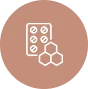 Icon showing a blister pack of pills next to three hexagonal shapes, set against a brown circular background.