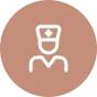 Icon of a person wearing a nurse or medical cap with a cross symbol, displayed in white on a brown circular background.