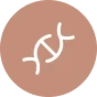 A simple white DNA double helix icon is centered on a solid light brown circular background.