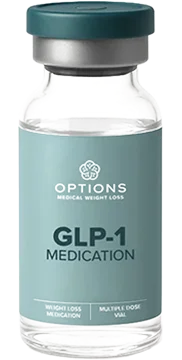 A clear glass vial labeled GLP-1 Medication with a teal and silver cap. The label includes the text Options Medical Weight Loss, Weight Loss Medication, and Multiple Dose Vial.